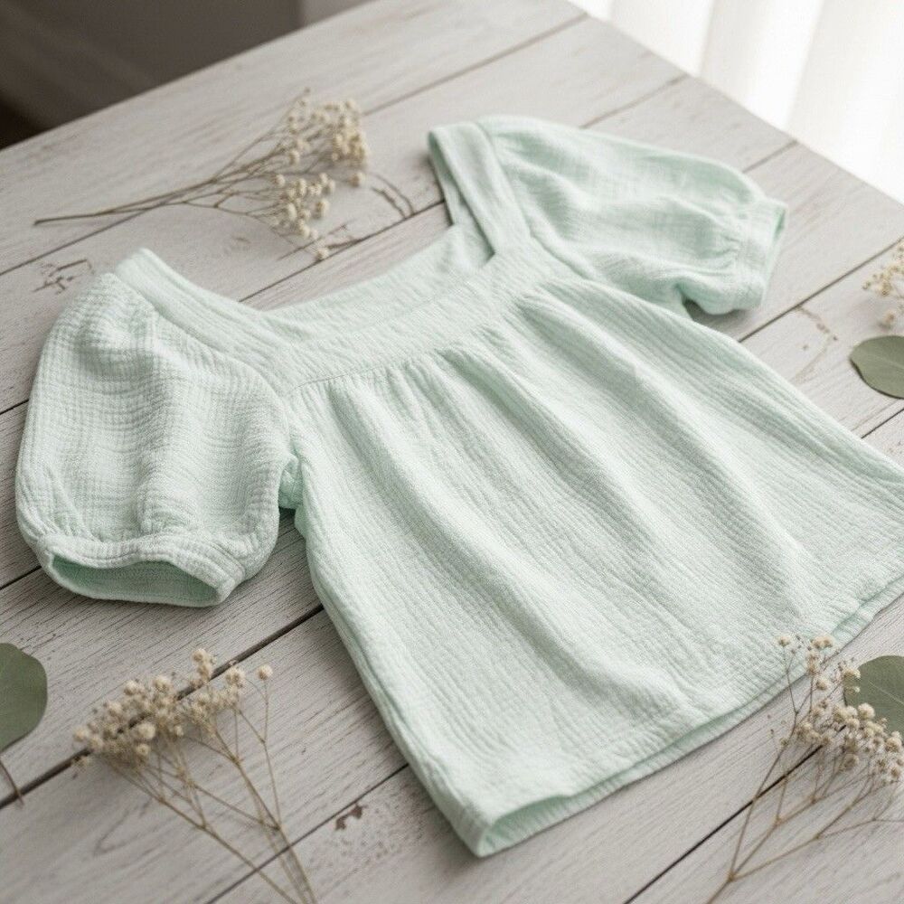 Honorine Seafoam Green Gauze Ruffle Short Sleeve Crinkled Top Sz Small